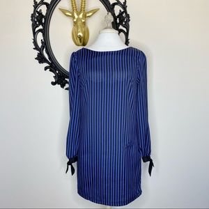 Moonlight Black and Blue Pattern Long Sleeve Bow Dress